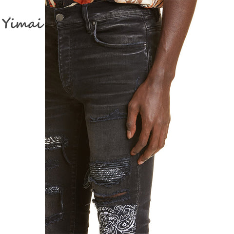 Custom Hip Hop Mens Branded Embroidered Style Stacked Ripped Damage Skinny Fitting Pants Jeans