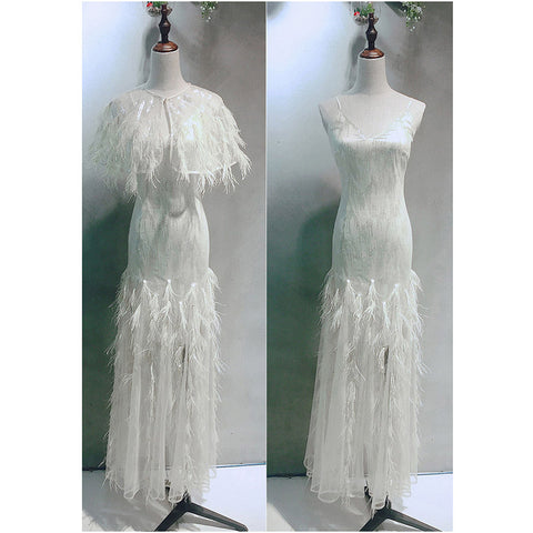 New Fashion Stylish Women Fairy Dress White Ostrich Feather Long Evening Prom Dress with Ostrich Feather Cape