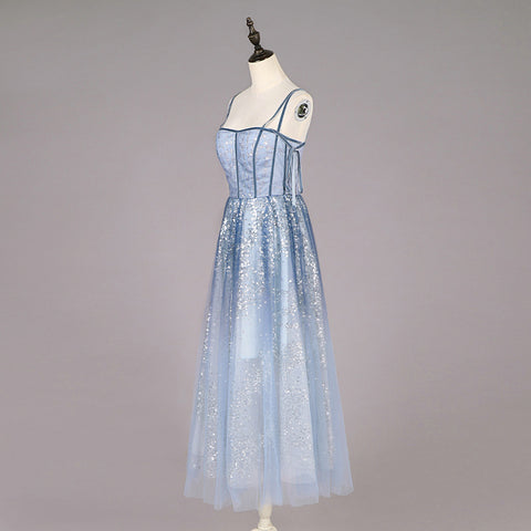 Newly Arrival Beautiful Design Thin Velvet Strap Off Shoulder Formal Women Clothing Blue Sequin Dress