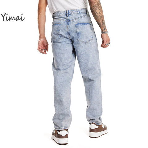Custom Mens Clothing Wide Leg Denim Pants Light Blue Washed Loose Straight Men's Baggy Jeans