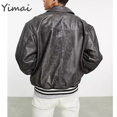 OEM wholesale custom logo zip up oversized pu leather turn down collar winter varsity bomber men designer jacket