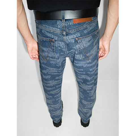 custom mans jeans stamped logo all over printing straight leg designer stretch denim men jeans