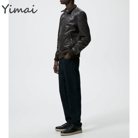 OEM new arrival waterproof turn-down collar leather ribbed cuffs welt pockets zip up bomber designer jacket for men