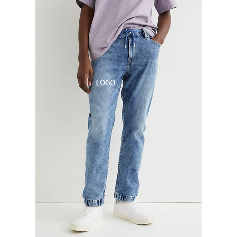 OEM Custom Logo High Quality Drawstring Waistband Hybrid Regular Tapered Joggers Men's Stretch Denim Pants