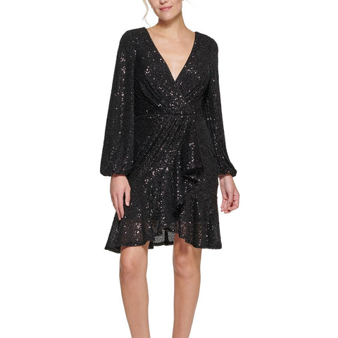 OEM wholesale Long Sleeve Black Sequin Irregular Hem V-Neck Sexy Evening Dress Women Party Dress