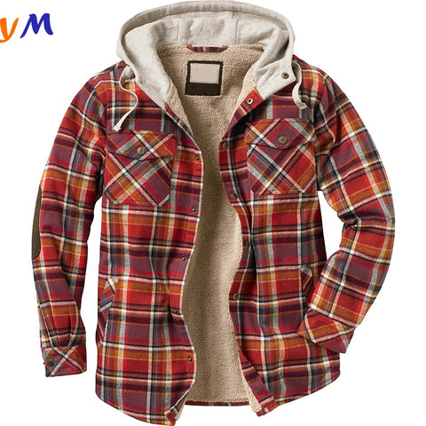 High End Brand Custom Winter Clothing Men Checked Plaid Pattern Buttons Fur Jacket with Cotton Hood and Side Pockets