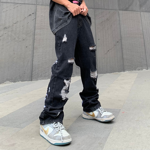 custom wash denim distressed pants tattered embroidered trousers sew plus size streets rock men's jeans