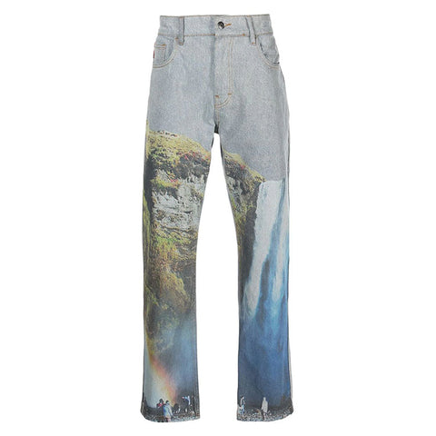 Custom top quality men's vintage denim blue digital photo print straight leg slim fit jeans trousers