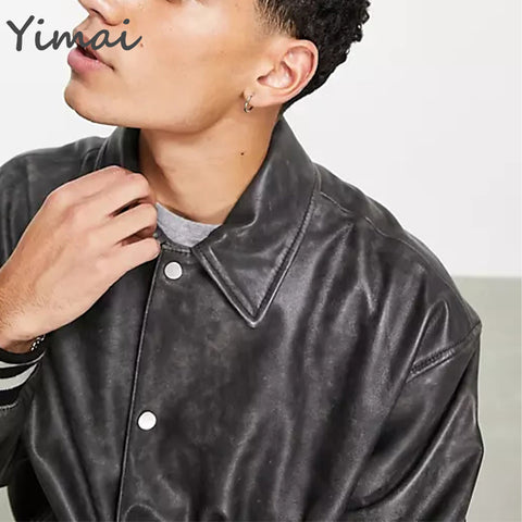 OEM wholesale custom logo zip up oversized pu leather turn down collar winter varsity bomber men designer jacket