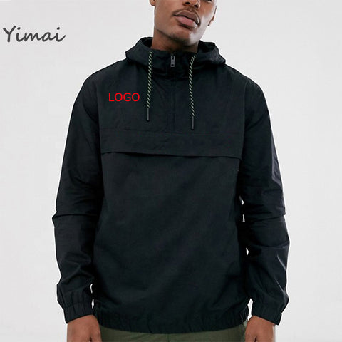 Custom men overhead pullover waterproof polyester windbreaker designer jacket with half zip in black