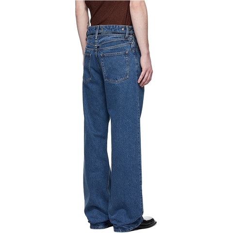 Men's hip hop modern retro custom logo on pocket cut out at waist no stretch navy blue denim jeans