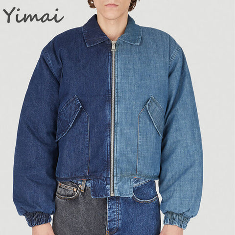 OEM custom hot sale denim casual bomber jackets crop colour block men designer unisex denim jacket