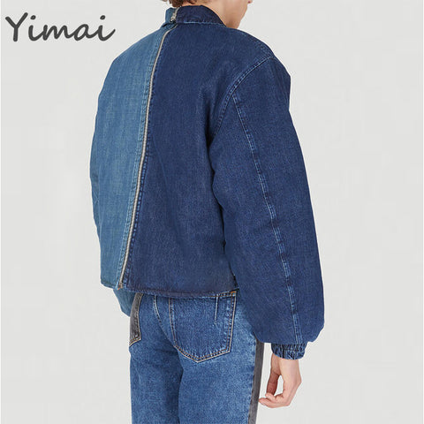 OEM custom hot sale denim casual bomber jackets crop colour block men designer unisex denim jacket
