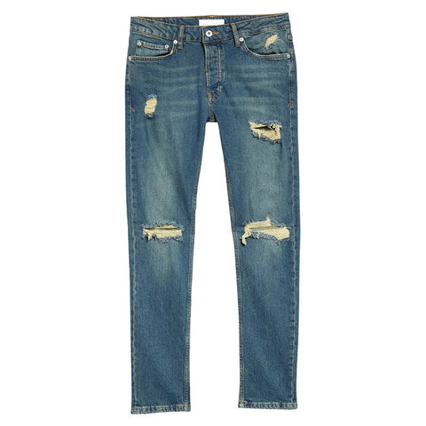 High Quality Custom Mens Heavy Weight Faded Wash Knee Rips Super Stretch Skinny Distressed Jeans