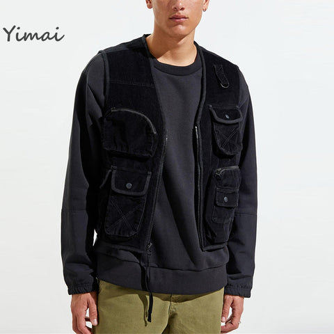 Custom 100% Cotton Fashion Relaxed Fit Multiple Pockets Corduroy Utility Vest for Men