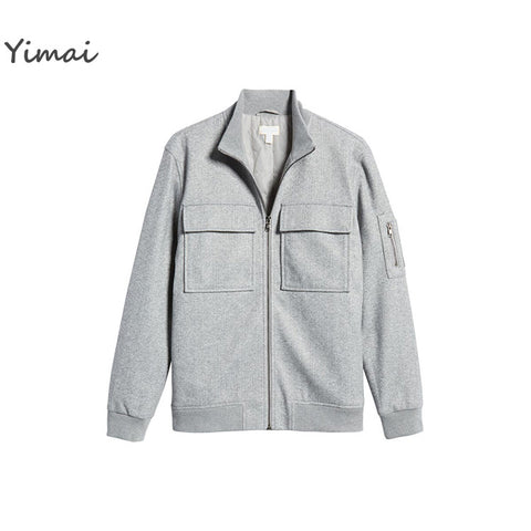 High Quality Men's Stand Collar 100% Cotton Healthy Grey Slim Fit Utility Bomber Jacket