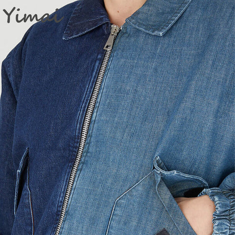OEM custom hot sale denim casual bomber jackets crop colour block men designer unisex denim jacket