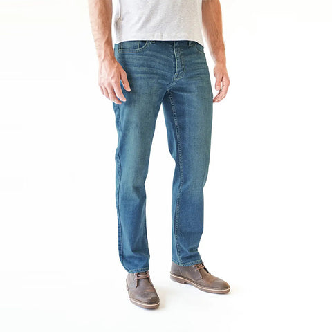 OEM Wholesale Men's Mid Waist Soft Denim Medium Wash Athletic Fit Tapered Leg Casual Performance Jeans
