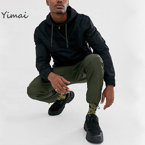 Custom men overhead pullover waterproof polyester windbreaker designer jacket with half zip in black