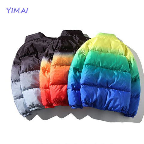 Custom 2022 Winter Warm Street Wear Loose Fit All Over Dip Dye Gradient Print Warm Thick Puffer Down Coats Bubble Coats For Men