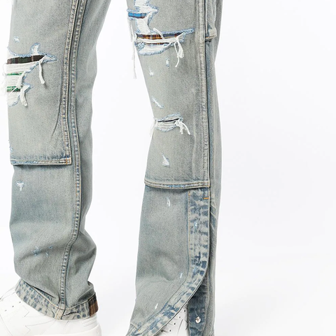 Factory wholesale custom design button waist straight jeans leg opening slit button distressed frayed washed men denim pants