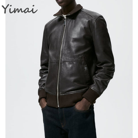 OEM new arrival waterproof turn-down collar leather ribbed cuffs welt pockets zip up bomber designer jacket for men