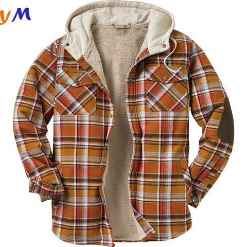 High End Brand Custom Winter Clothing Men Checked Plaid Pattern Buttons Fur Jacket with Cotton Hood and Side Pockets