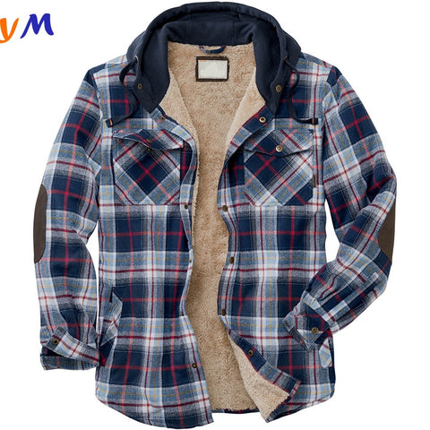 High End Brand Custom Winter Clothing Men Checked Plaid Pattern Buttons Fur Jacket with Cotton Hood and Side Pockets