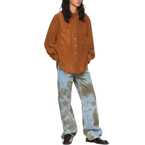 custom high street mid rise tie dye pattern contrast stitching washed denim loose flare jeans