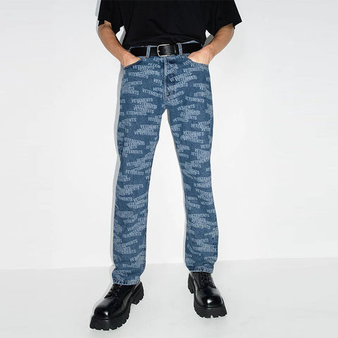 custom mans jeans stamped logo all over printing straight leg designer stretch denim men jeans