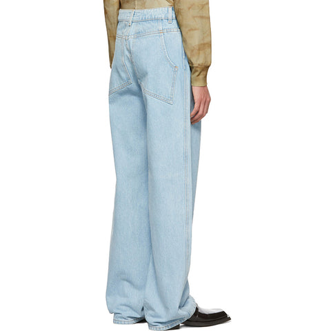 Men's stylish custom laser engraved logo high waist vintage lighter blue 100% cotton denim pants man jeans