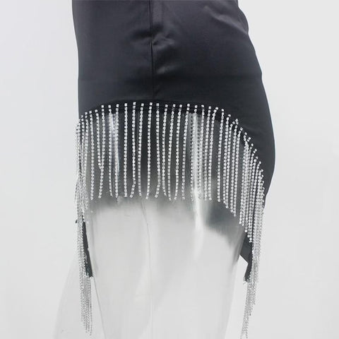 OEM/ODM 2022 Summer Sexy Momen's Chic Trendy White Diamond Tassels Dresses Rhinestone Spaghetti Straps Mini Party Dresses