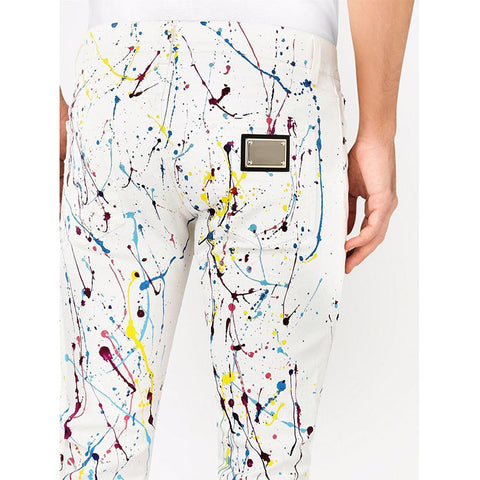 good quality biker pants men's paint splatter skinny jeans white stretch denim pants ripped custom jeans