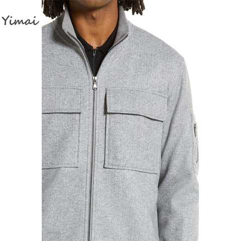 High Quality Men's Stand Collar 100% Cotton Healthy Grey Slim Fit Utility Bomber Jacket