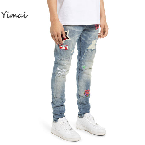 Custom men's new design streetwear distressing rip medium wash bootcut chenille embroidery jeans