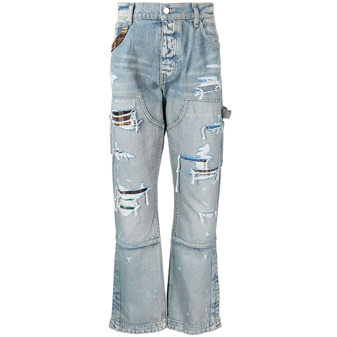 Factory wholesale custom design button waist straight jeans leg opening slit button distressed frayed washed men denim pants