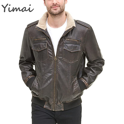 OEM High Quality Outdoor Windproof Heavyweight Warm Zip Up Turn-down Collar Faux Leather Bomber Men' Jackets