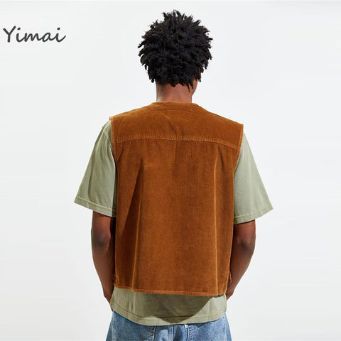 Custom 100% Cotton Fashion Relaxed Fit Multiple Pockets Corduroy Utility Vest for Men