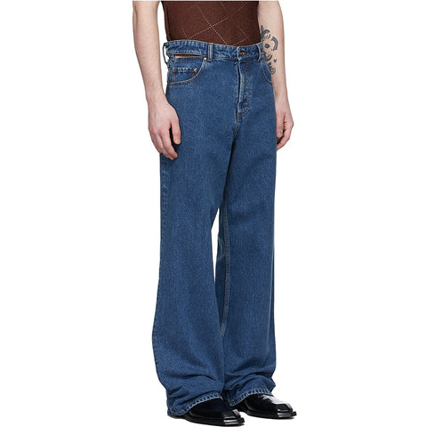 Men's hip hop modern retro custom logo on pocket cut out at waist no stretch navy blue denim jeans