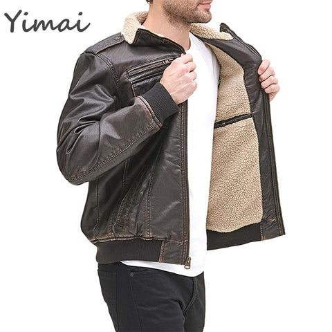 OEM High Quality Outdoor Windproof Heavyweight Warm Zip Up Turn-down Collar Faux Leather Bomber Men' Jackets
