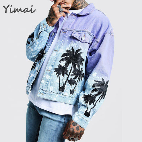 Custom wholesale cotton long sleeve print motorcycle loose fit back embroidered denim men's jacket