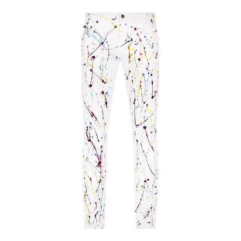 good quality biker pants men's paint splatter skinny jeans white stretch denim pants ripped custom jeans