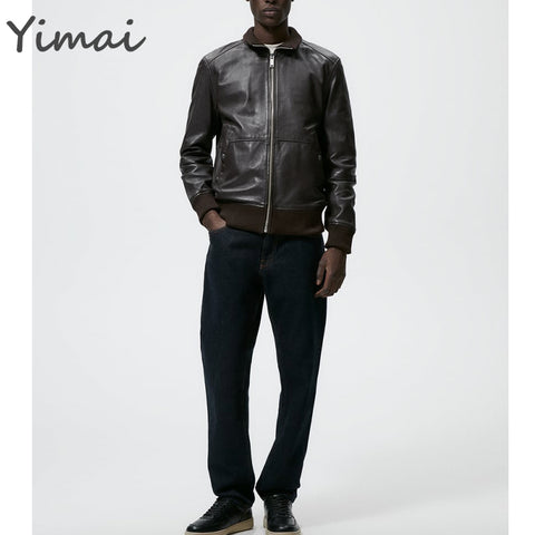 OEM new arrival waterproof turn-down collar leather ribbed cuffs welt pockets zip up bomber designer jacket for men