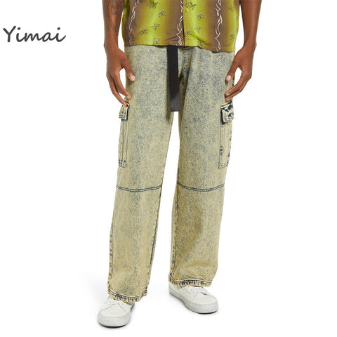 OEM good quality 100% cotton grungy wash modern relaxed fit big jeans with cargo pockets for men