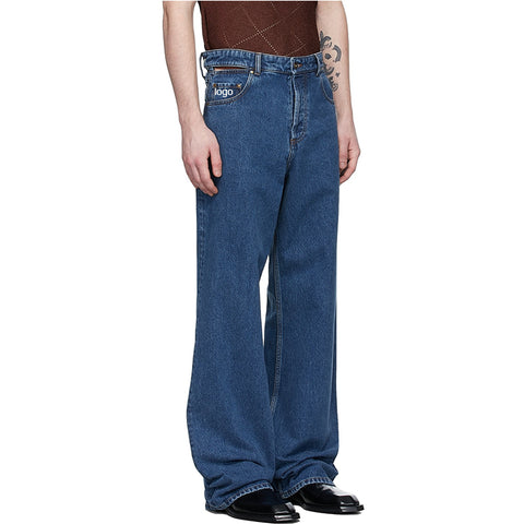 Men's hip hop modern retro custom logo on pocket cut out at waist no stretch navy blue denim jeans