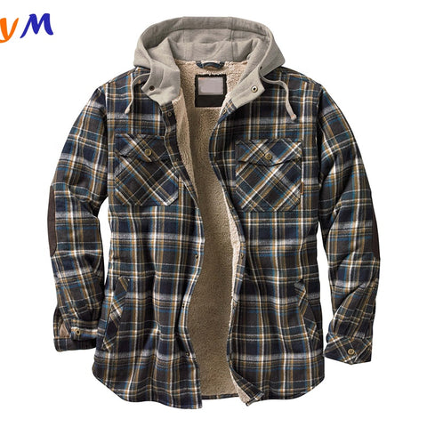 High End Brand Custom Winter Clothing Men Checked Plaid Pattern Buttons Fur Jacket with Cotton Hood and Side Pockets