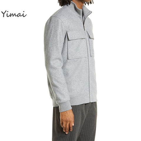High Quality Men's Stand Collar 100% Cotton Healthy Grey Slim Fit Utility Bomber Jacket