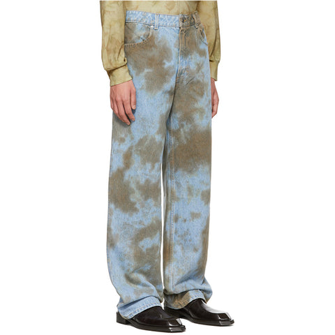 custom high street mid rise tie dye pattern contrast stitching washed denim loose flare jeans