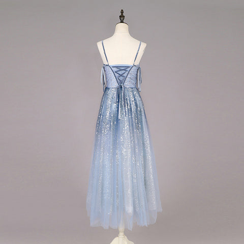 Newly Arrival Beautiful Design Thin Velvet Strap Off Shoulder Formal Women Clothing Blue Sequin Dress