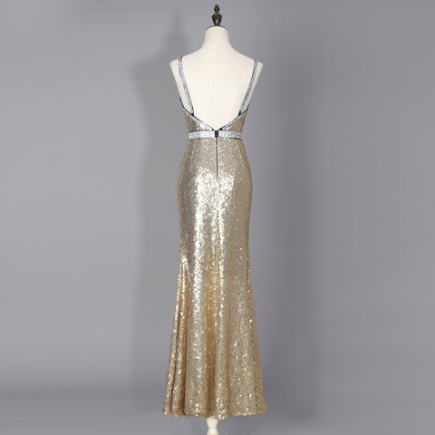 Stylish Design Deep V Neck High Quality Gold Spaghetti Strap Maxi Length Bodycon Sexy Sequin Dress Evening